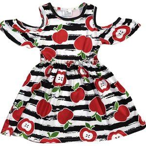 Little Girls Dress Cold Shoulder Off Shoulder Apple Stripe Dress Easter School